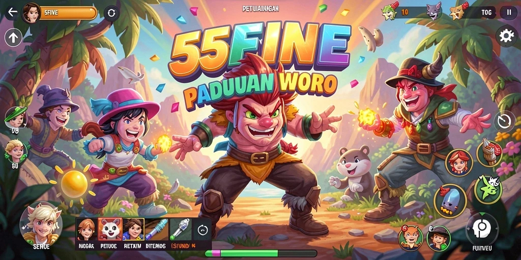 Tampilan gameplay 55FIVE yang penuh warna dan menantang.