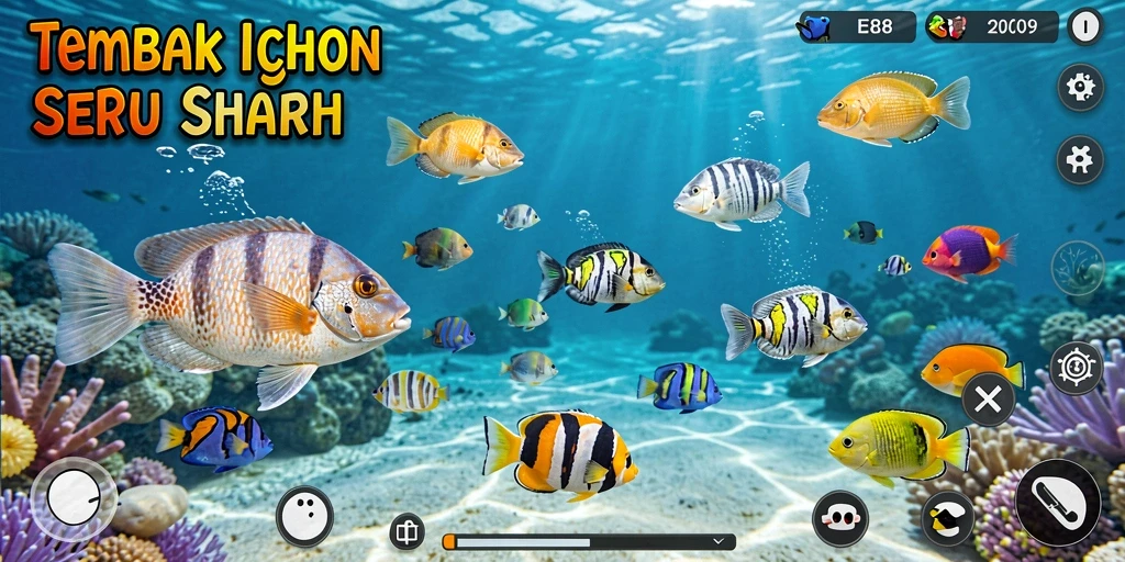 Screenshot E88 menampilkan aksi seru menembak ikan di bawah laut.