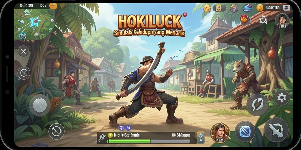 Tampilan gameplay HOKILUCK yang menampilkan interaksi karakter dan aktivitas simulasi.