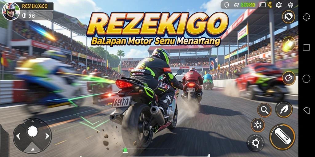 Tangkapan layar REZEKIGO menunjukkan balapan motor yang seru dan mendebarkan.