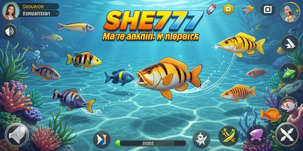 Tampilan utama gameplay SHE777 dengan berbagai ikan dan lokasi memancing yang menarik.