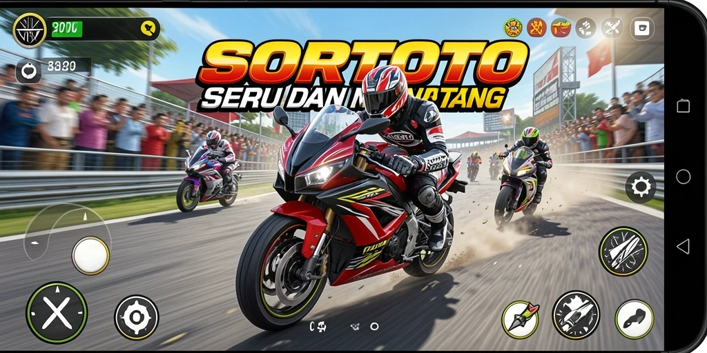 Tampilan gameplay <strong>SORTOTO</strong> yang seru dan mendebarkan saat balapan motor.